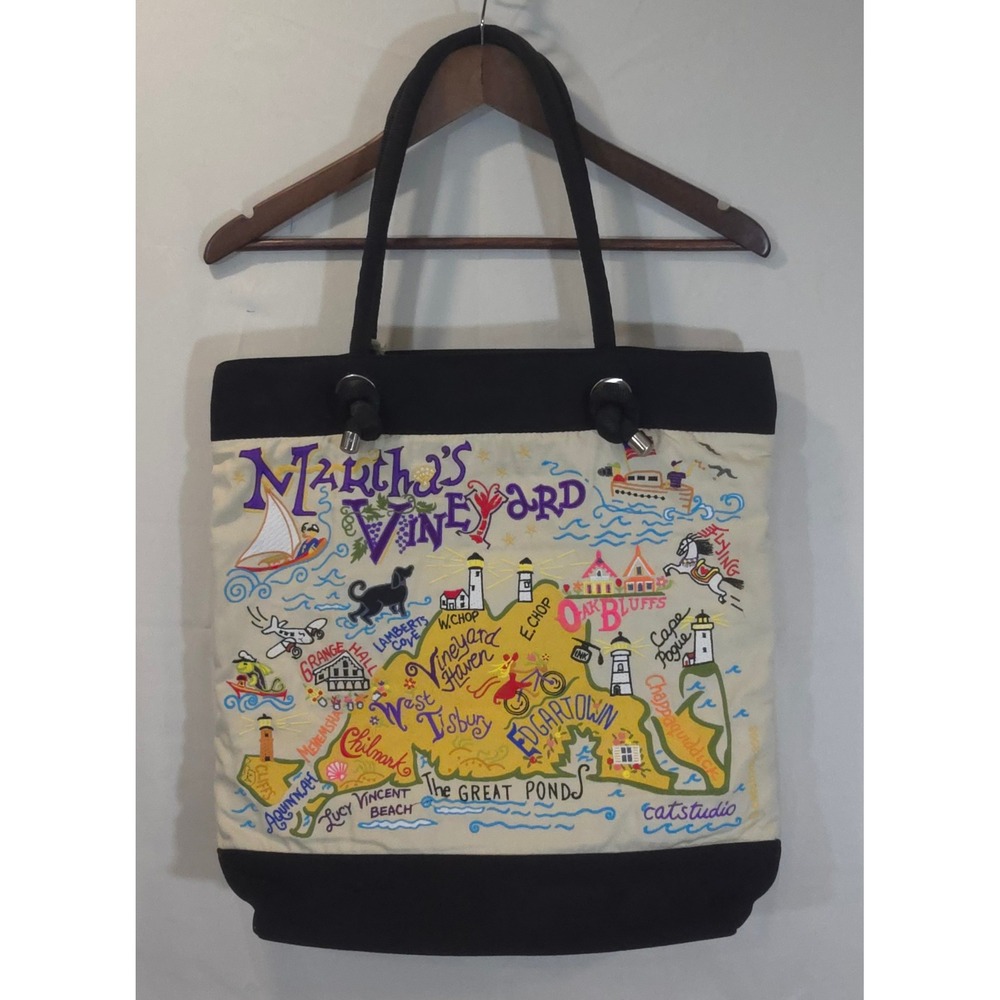RARE Catstudio Marthas Vineyard Embroidered Canvas Tote Bag Black Cream NWT
